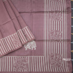 Semi Raw Silk Onion Pink Elephant Printed Saree And Stripes Border 02