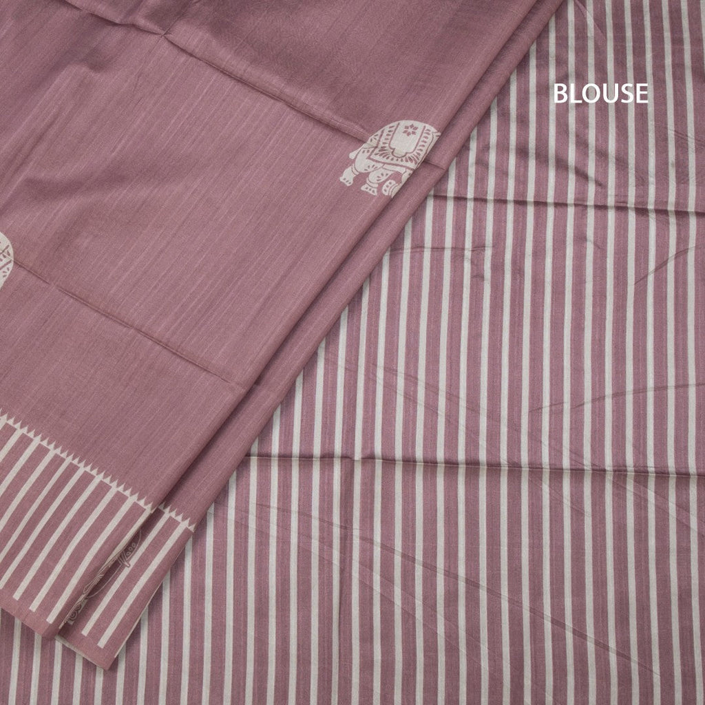 Semi Raw Silk Onion Pink Elephant Printed Saree And Stripes Border 02