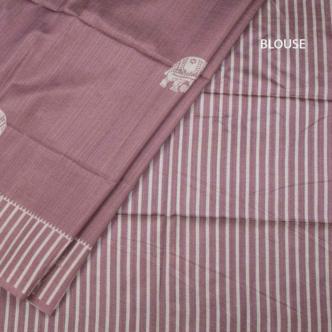 Semi Raw Silk Onion Pink Elephant Printed Saree And Stripes Border 02