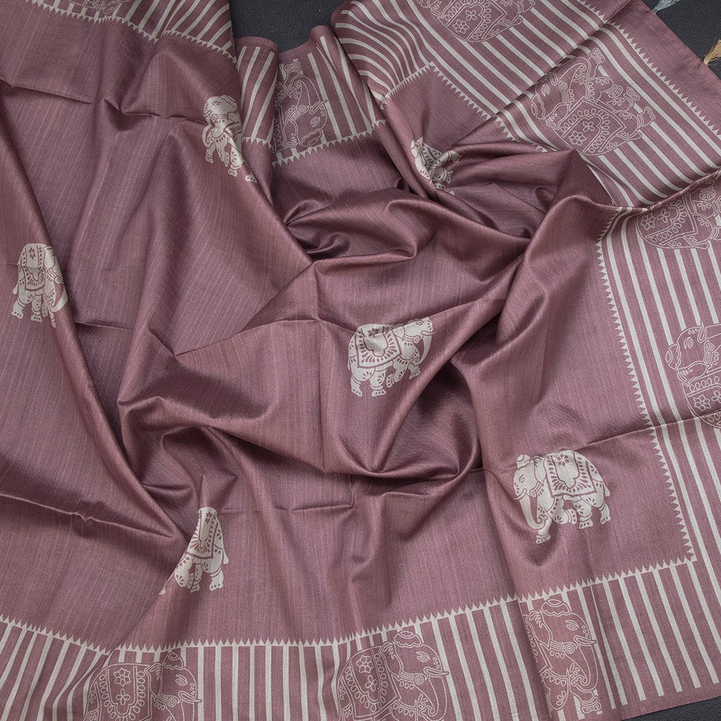 Semi Raw Silk Onion Pink Elephant Printed Saree And Stripes Border 02