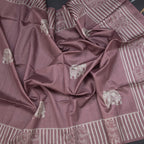 Semi Raw Silk Onion Pink Elephant Printed Saree And Stripes Border 02