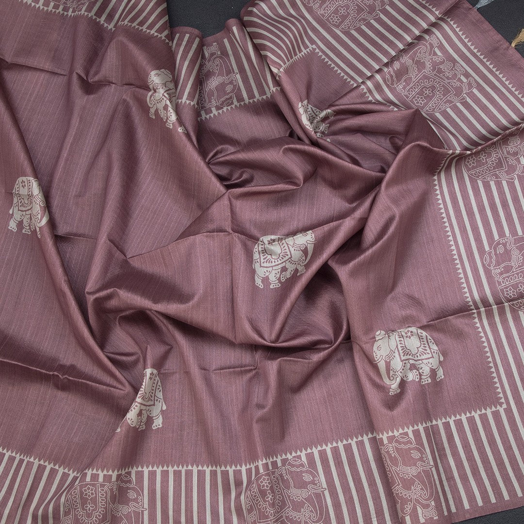 Semi Raw Silk Onion Pink Elephant Printed Saree And Stripes Border 02