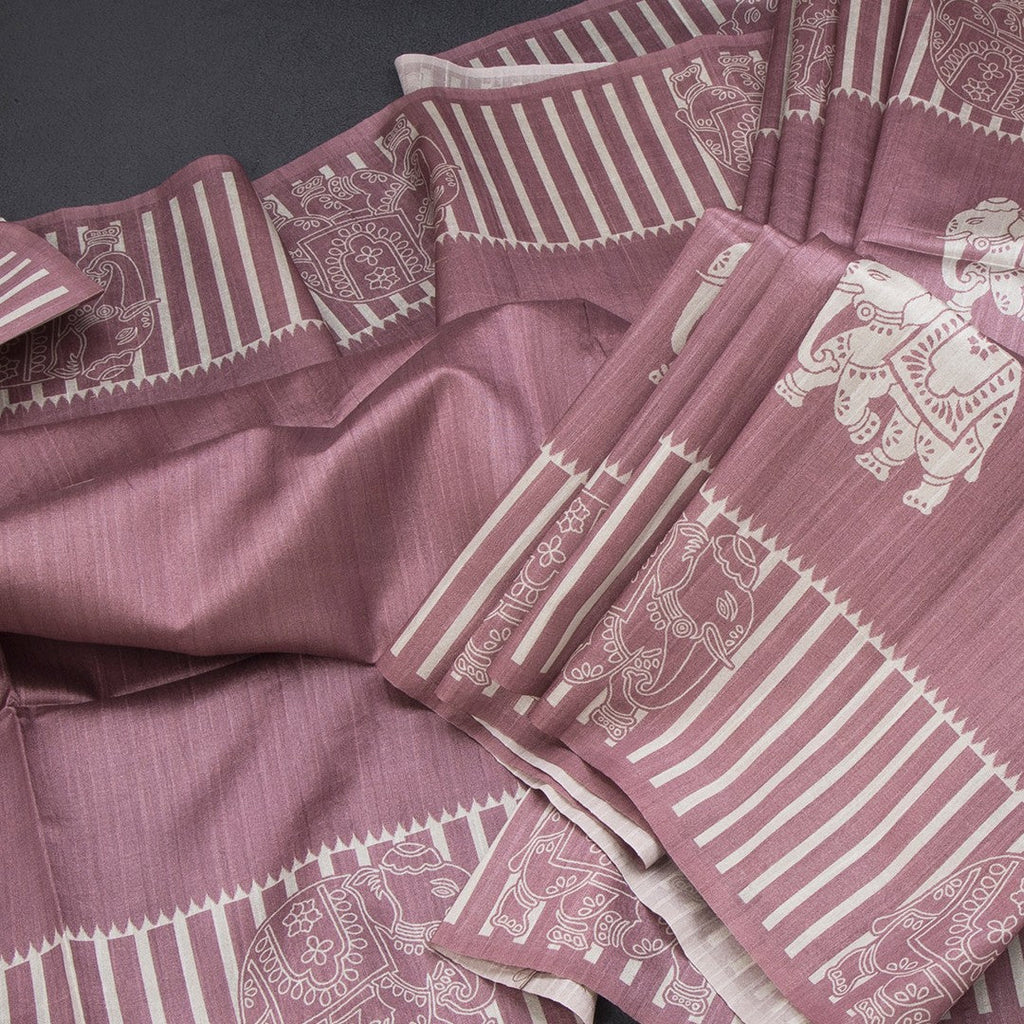 Semi Raw Silk Onion Pink Elephant Printed Saree And Stripes Border 02