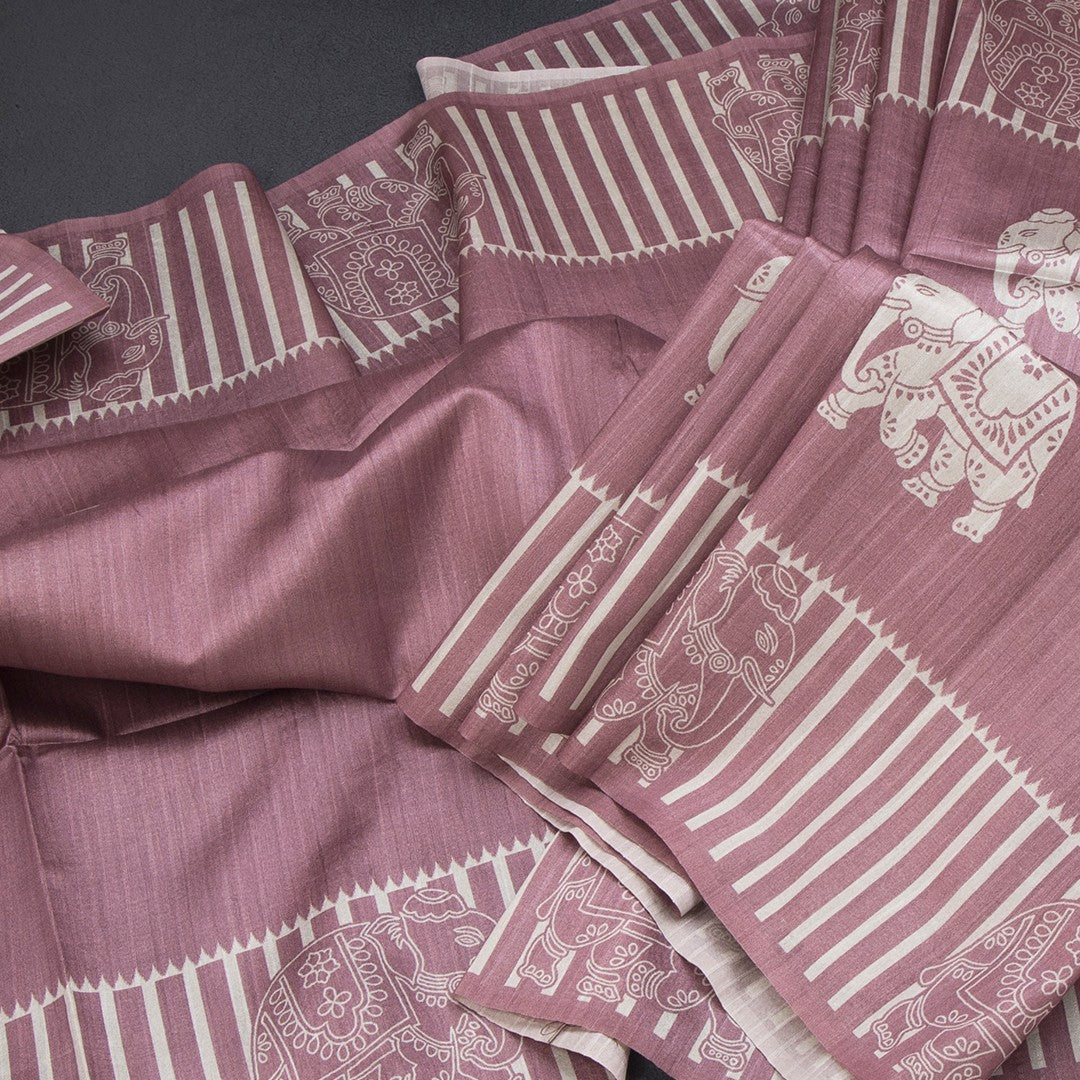 Semi Raw Silk Onion Pink Elephant Printed Saree And Stripes Border 02