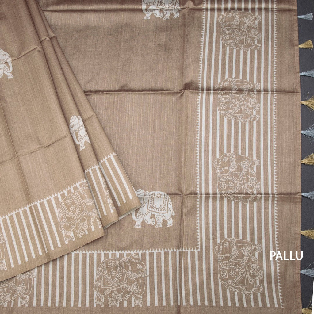 Semi Raw Silk Golden Brown Elephant Printed Saree And Stripes Border