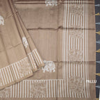 Semi Raw Silk Golden Brown Elephant Printed Saree And Stripes Border