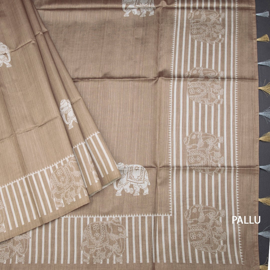 Semi Raw Silk Golden Brown Elephant Printed Saree And Stripes Border