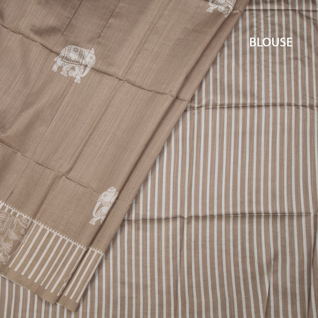 Semi Raw Silk Golden Brown Elephant Printed Saree And Stripes Border