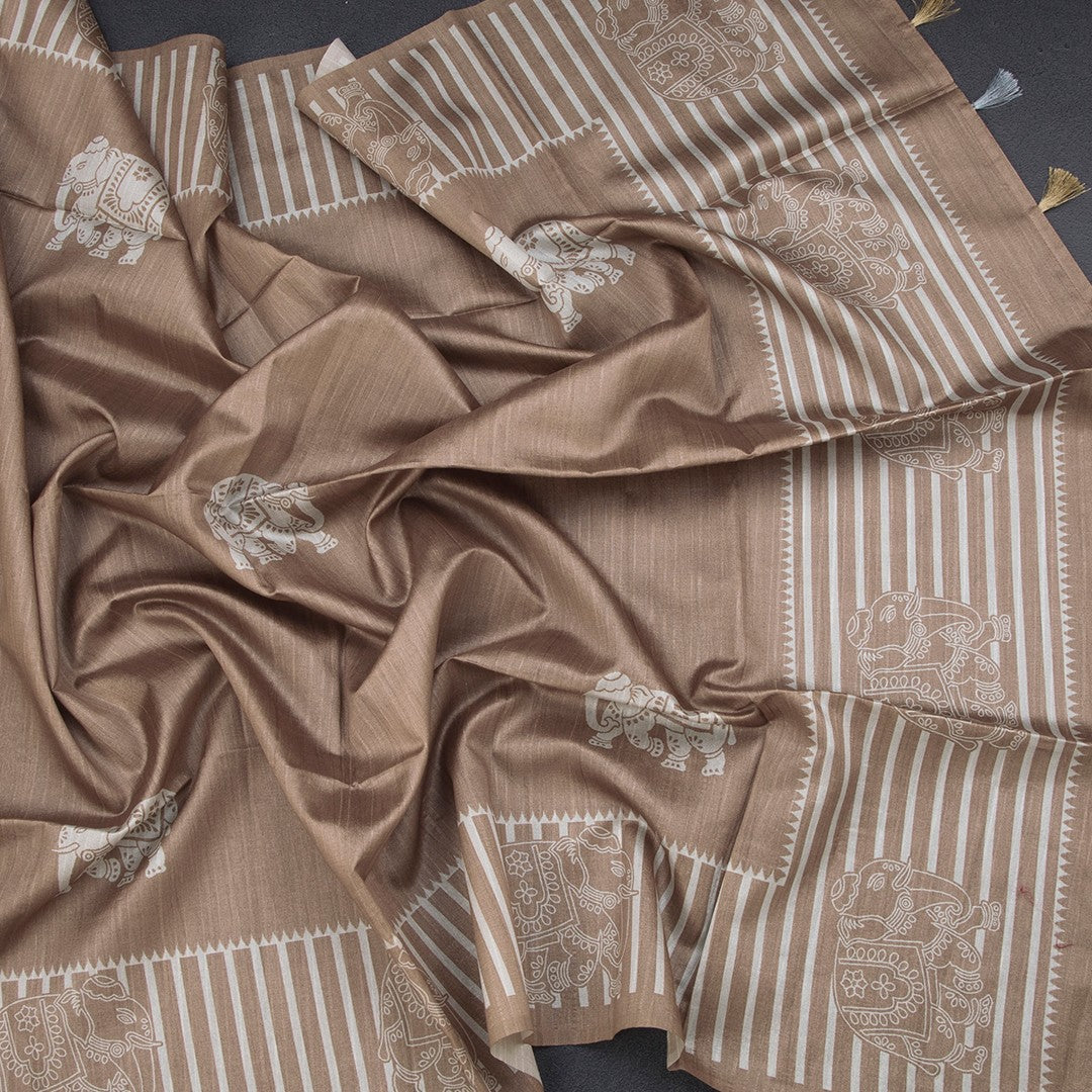 Semi Raw Silk Golden Brown Elephant Printed Saree And Stripes Border
