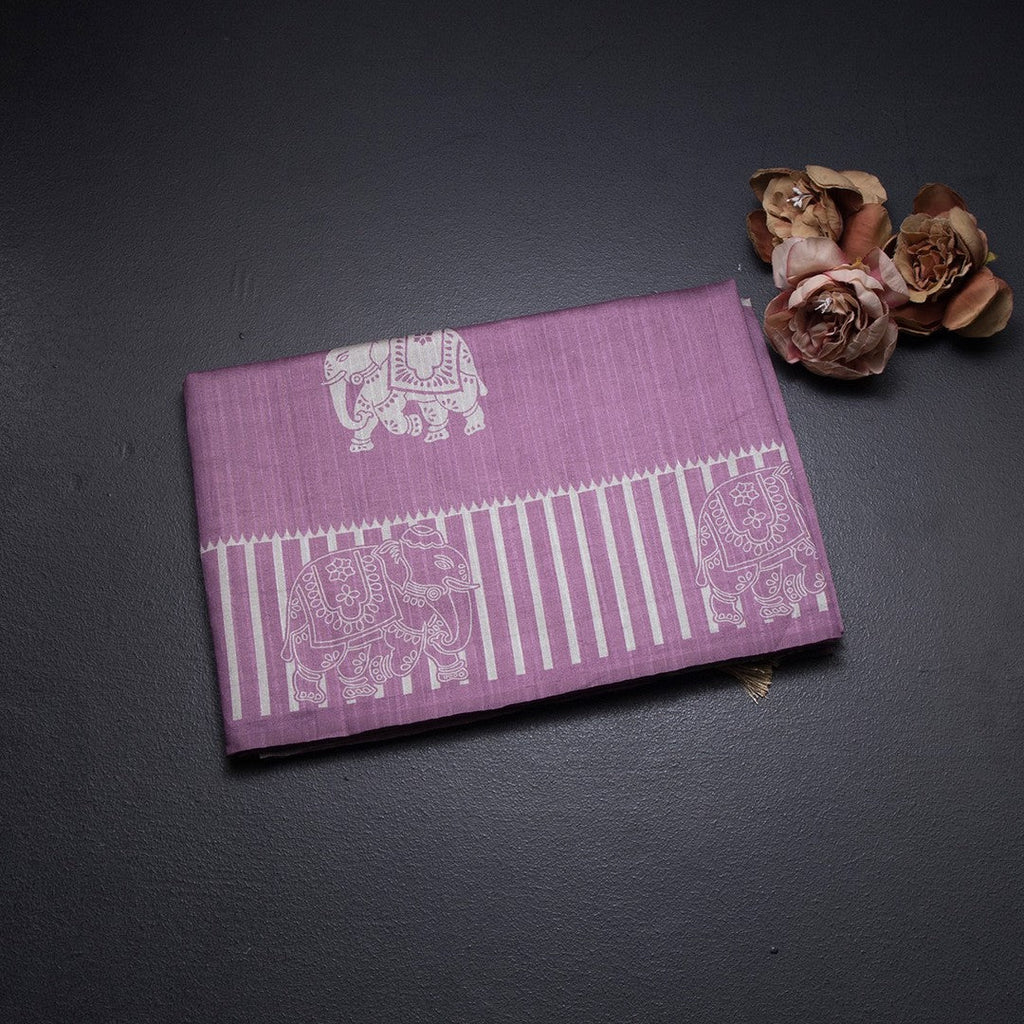 Semi Raw Silk Dark Onion Pink Elephant Printed Saree And Stripes Border
