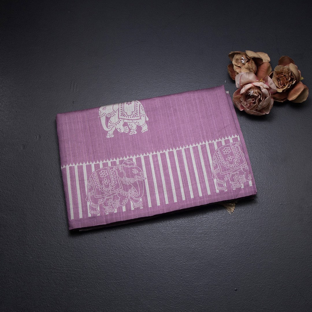 Semi Raw Silk Dark Onion Pink Elephant Printed Saree And Stripes Border
