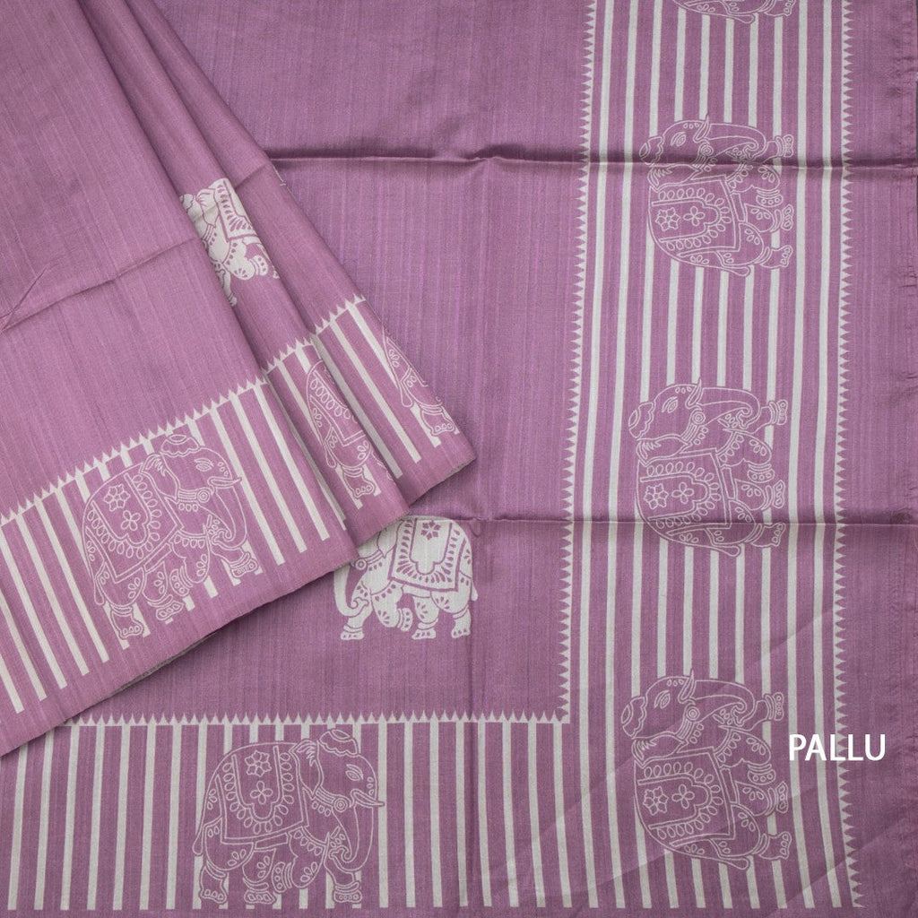 Semi Raw Silk Dark Onion Pink Elephant Printed Saree And Stripes Border