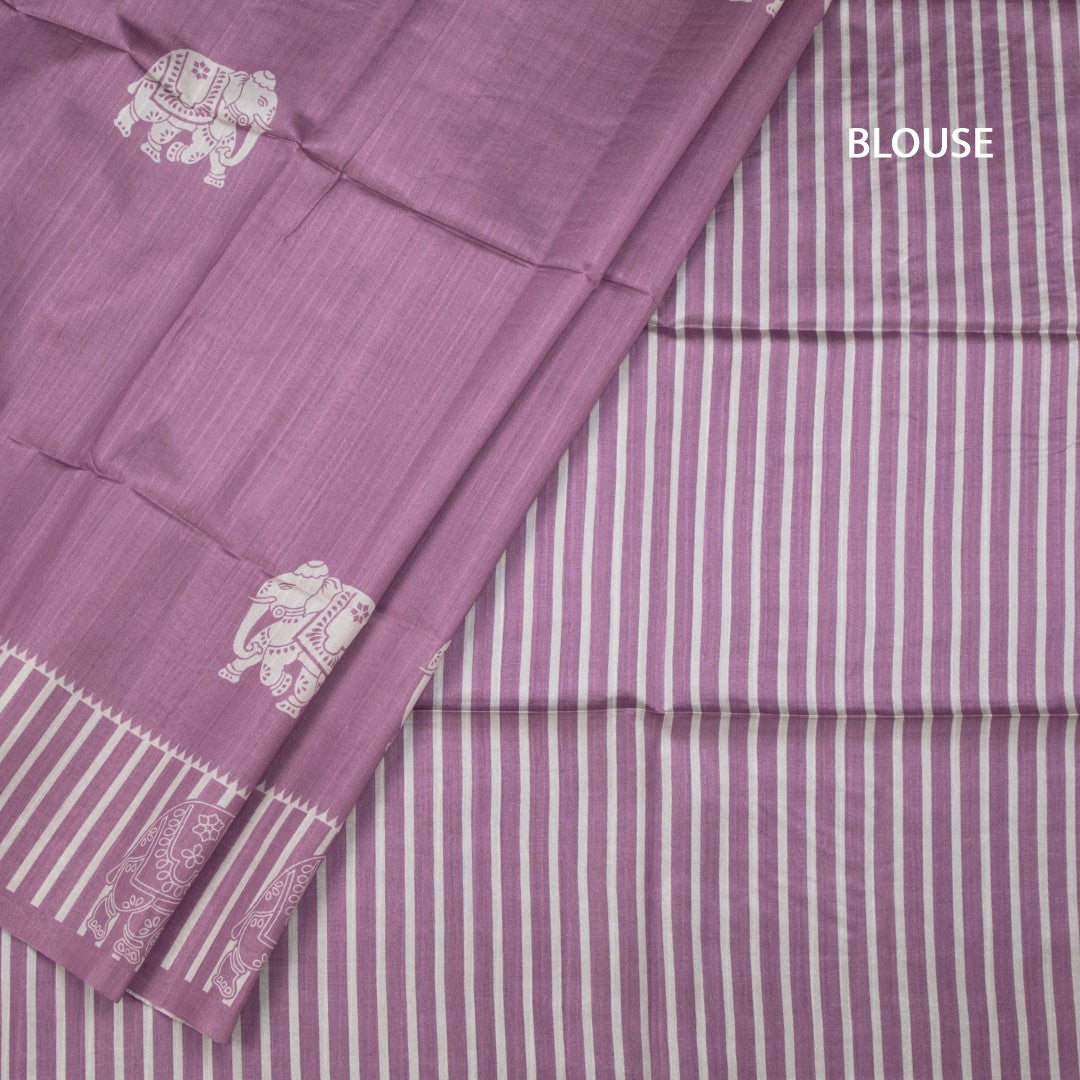 Semi Raw Silk Dark Onion Pink Elephant Printed Saree And Stripes Border