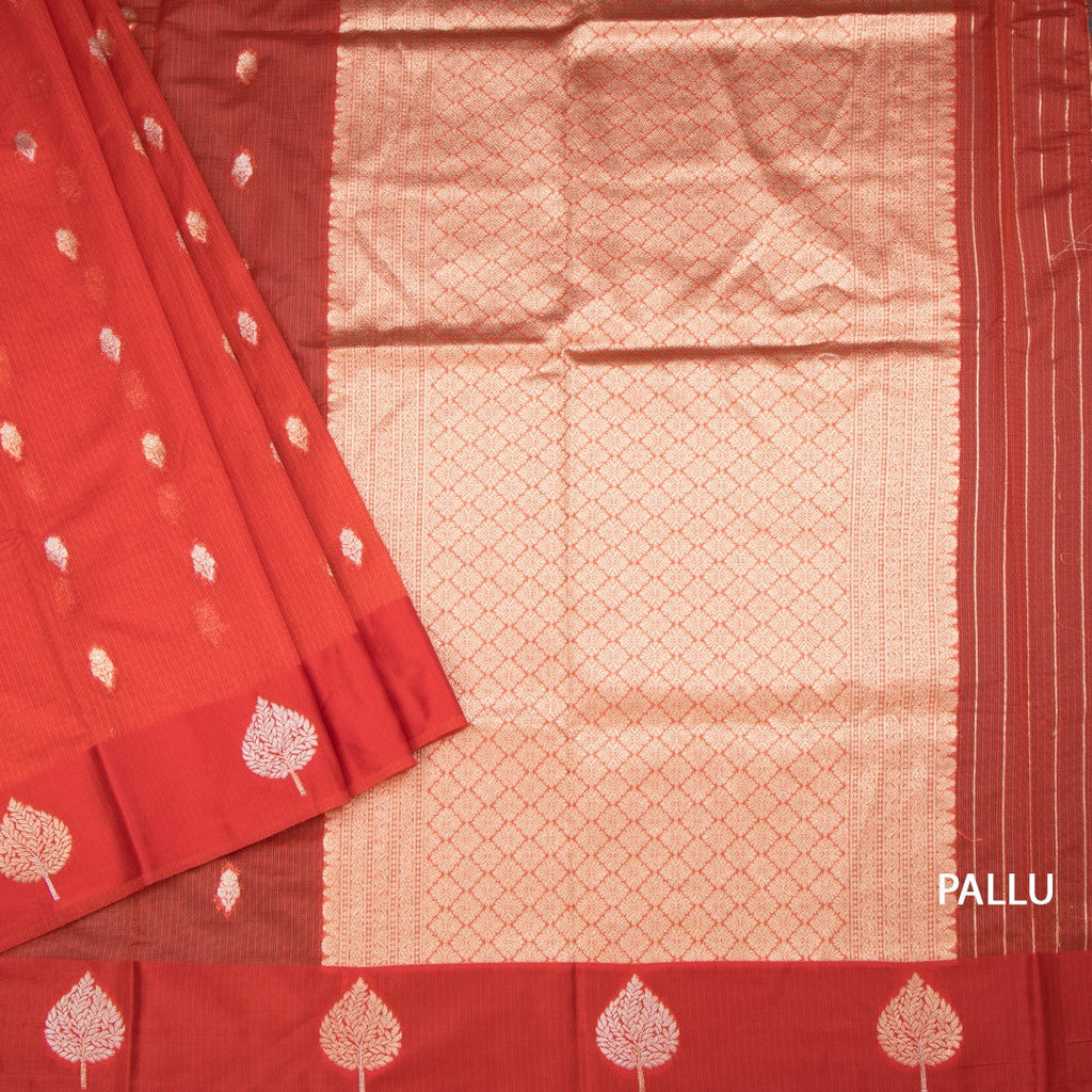 Kota Red Saree With Zari Buttas And Zari Border