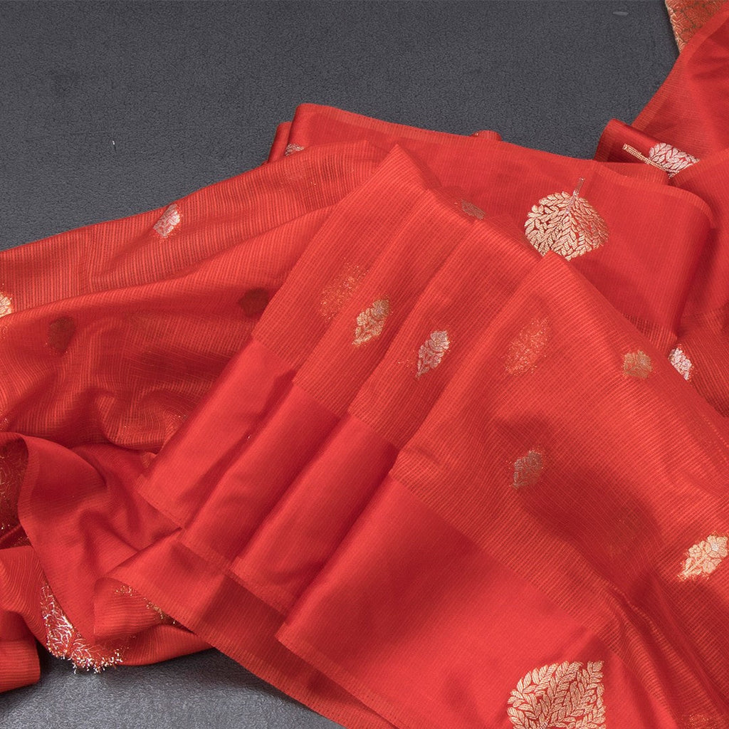 Kota Red Saree With Zari Buttas And Zari Border