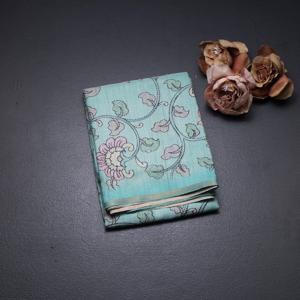 Semi Raw Silk Mint Green Printed Saree With Floral Creeper Design 02