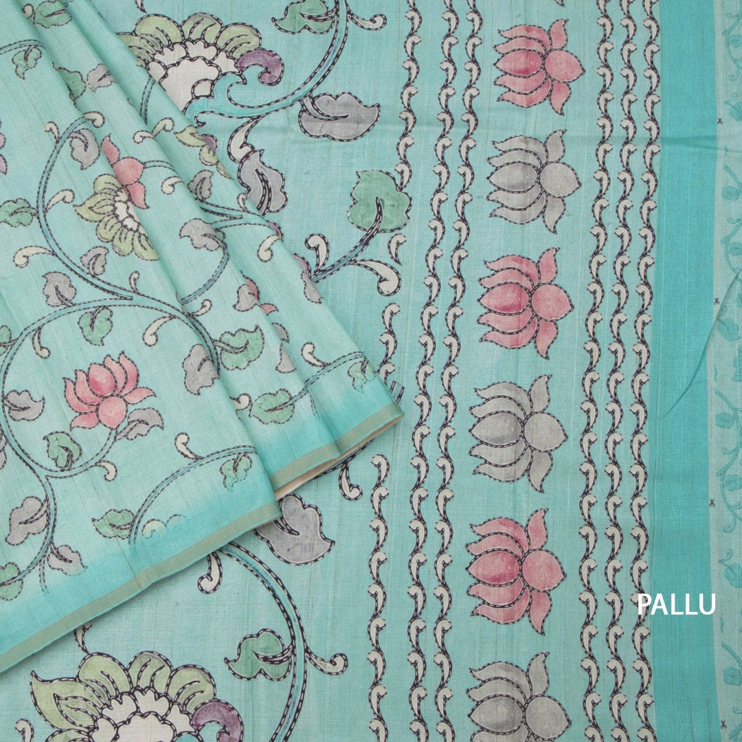 Semi Raw Silk Mint Green Printed Saree With Floral Creeper Design 02