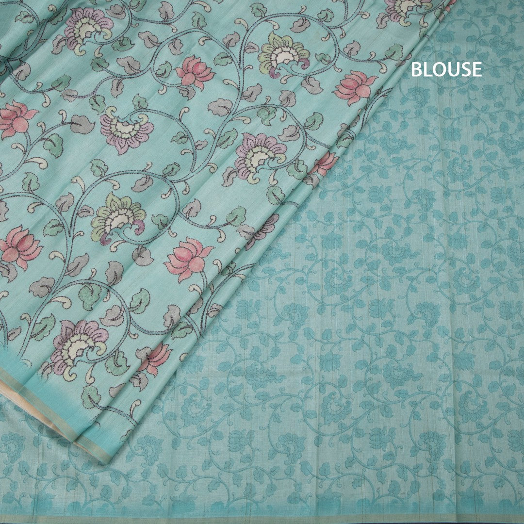 Semi Raw Silk Mint Green Printed Saree With Floral Creeper Design 02