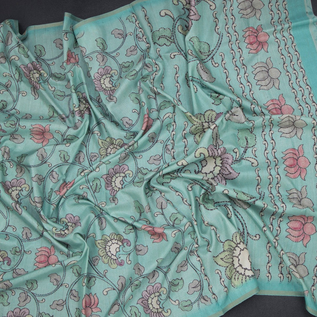 Semi Raw Silk Mint Green Printed Saree With Floral Creeper Design 02