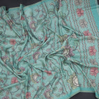 Semi Raw Silk Mint Green Printed Saree With Floral Creeper Design 02
