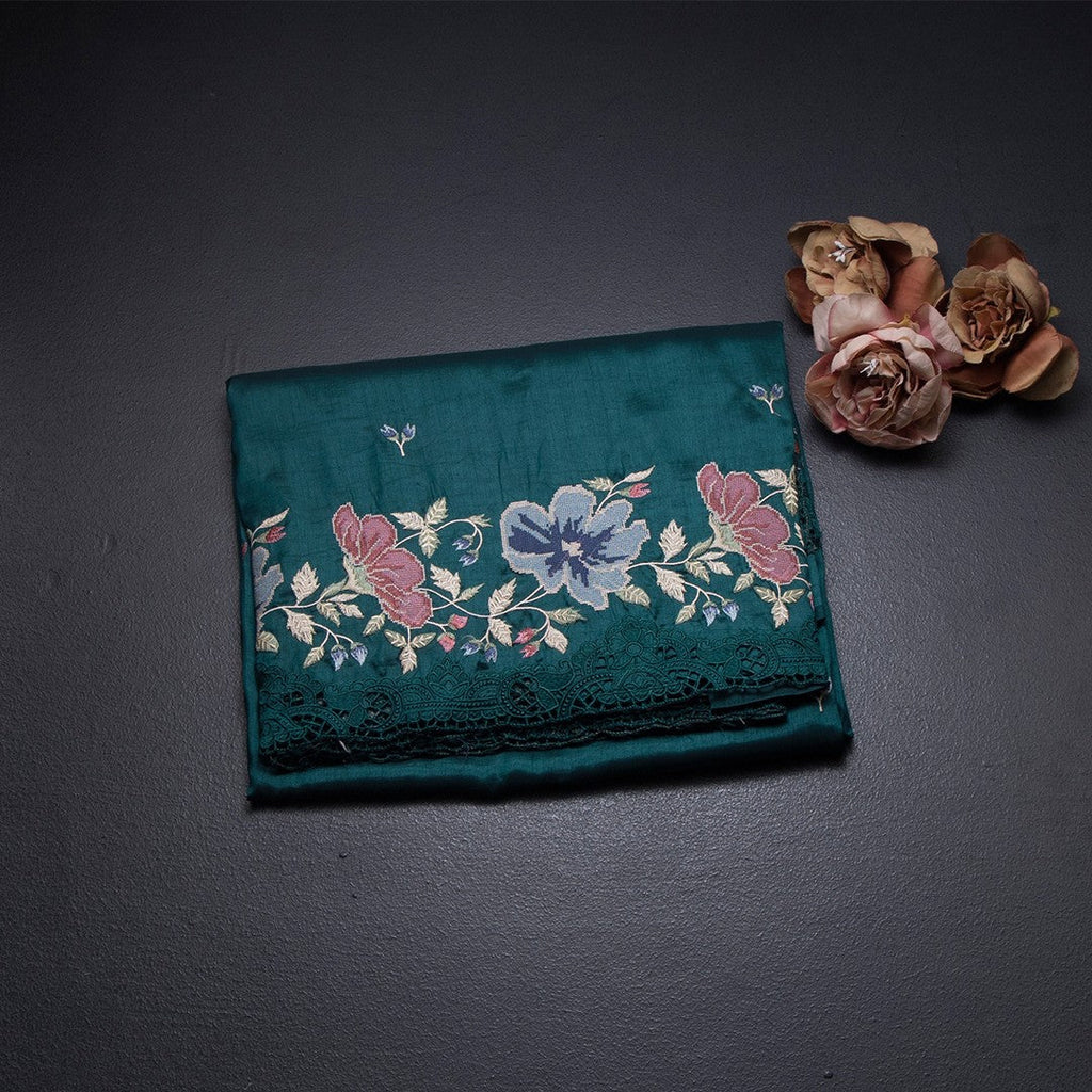 Raw Silk Peacock Green Saree With Thread Buttas And Cut Work Border