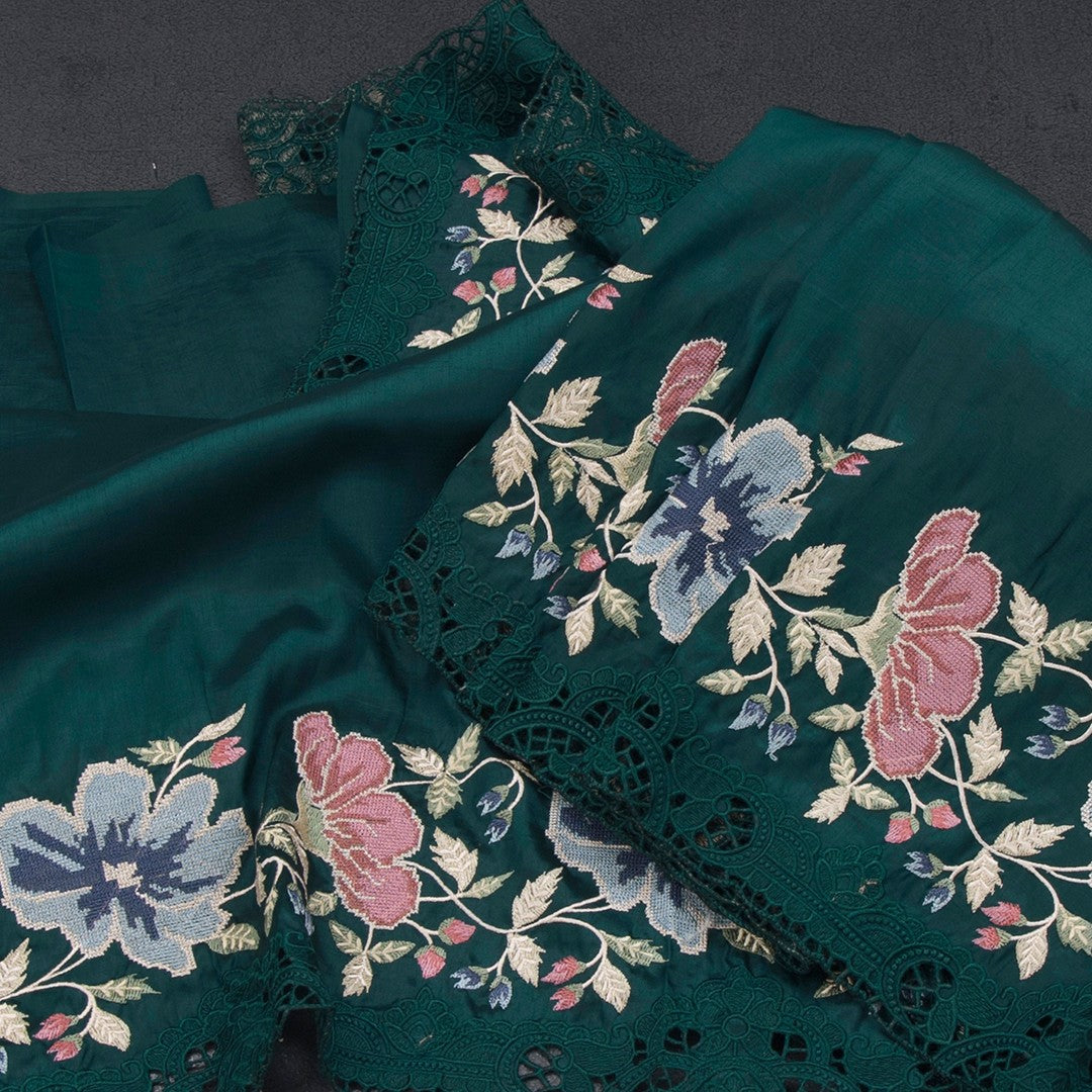 Raw Silk Peacock Green Saree With Thread Buttas And Cut Work Border