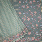 Organza Pista Green Zari Stripes Saree With Thread Border