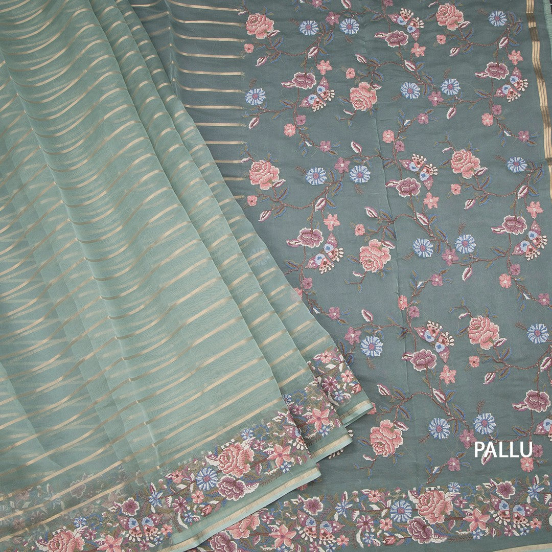 Organza Pista Green Zari Stripes Saree With Thread Border