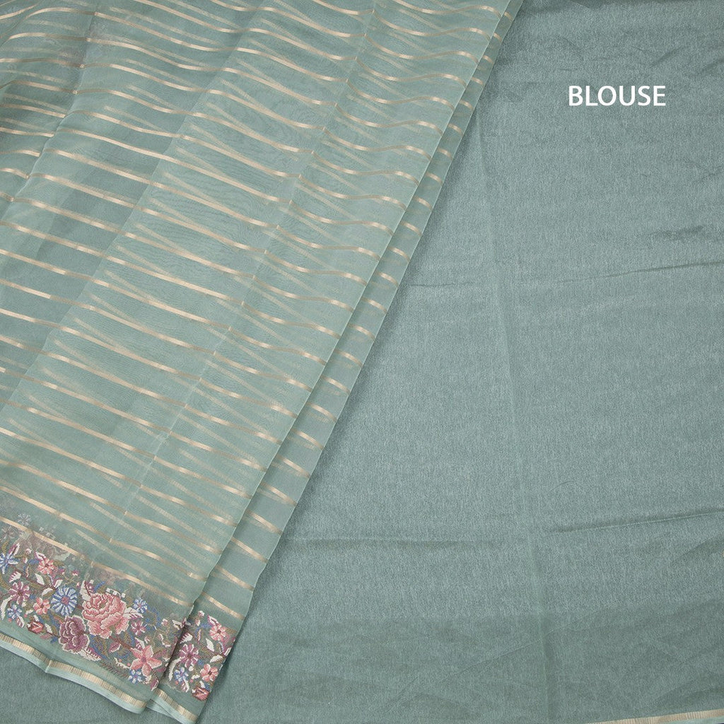 Organza Pista Green Zari Stripes Saree With Thread Border