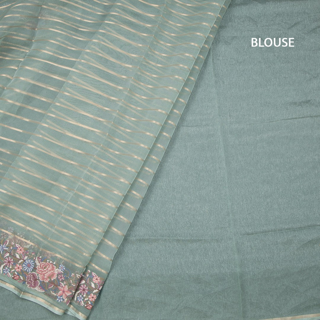 Organza Pista Green Zari Stripes Saree With Thread Border