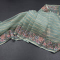 Organza Pista Green Zari Stripes Saree With Thread Border