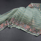 Organza Pista Green Zari Stripes Saree With Thread Border
