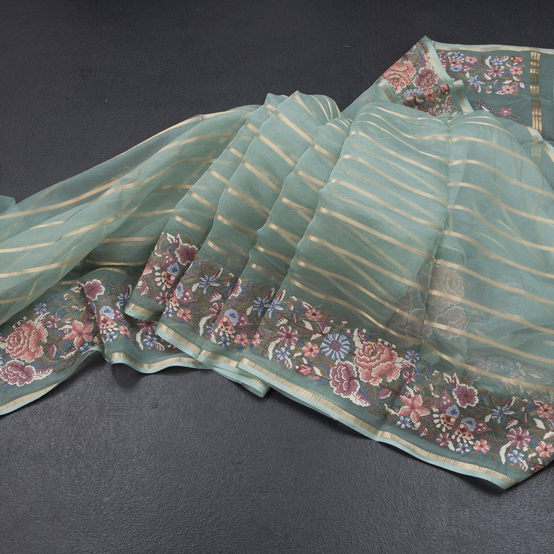 Organza Pista Green Zari Stripes Saree With Thread Border
