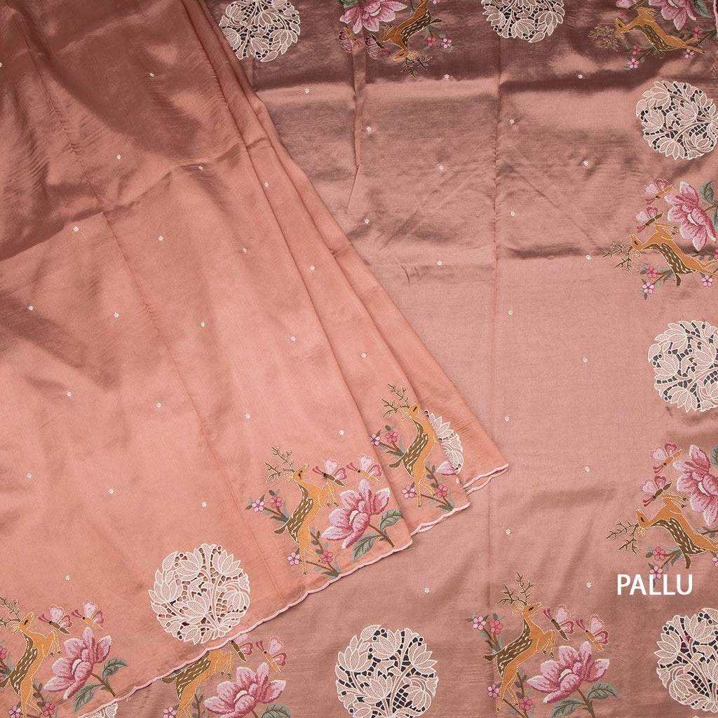 Raw Silk Peach Saree With Thread Buttas And Cut Work Border
