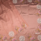 Raw Silk Peach Saree With Thread Buttas And Cut Work Border