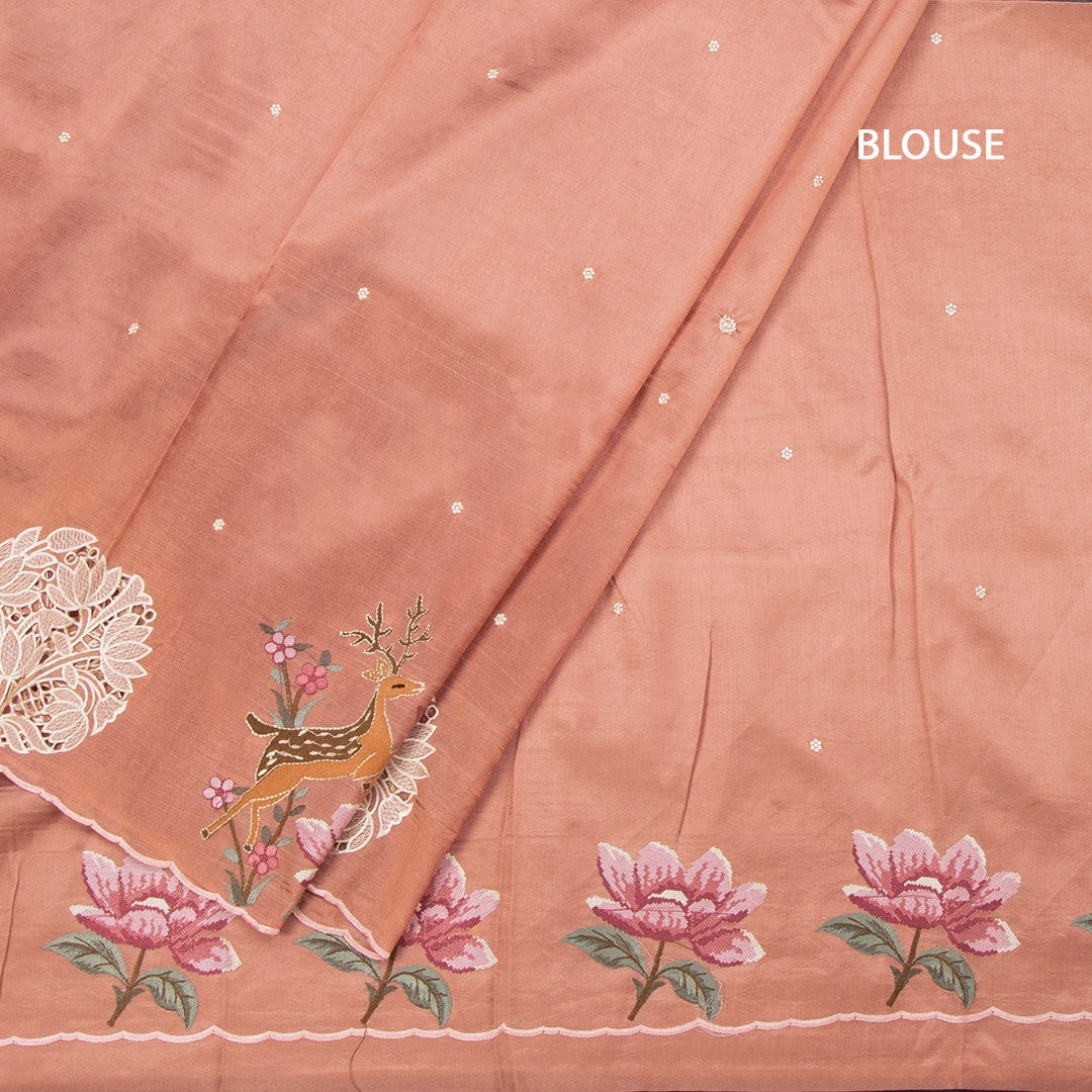Raw Silk Peach Saree With Thread Buttas And Cut Work Border