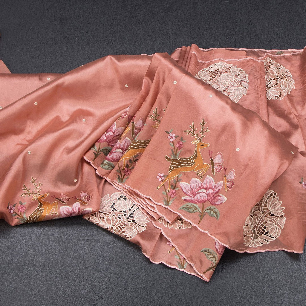 Raw Silk Peach Saree With Thread Buttas And Cut Work Border