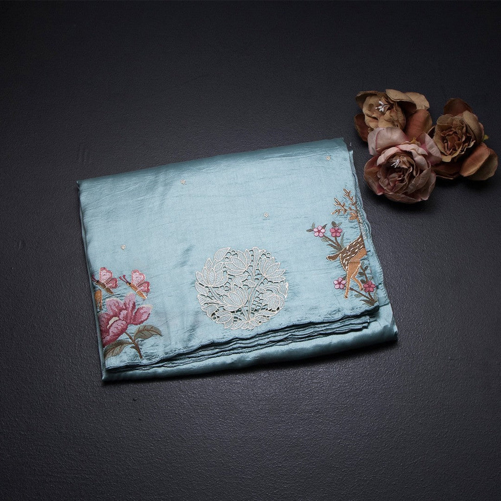 Raw Silk Sky Blue Saree With Thread Buttas And Cut Work Border