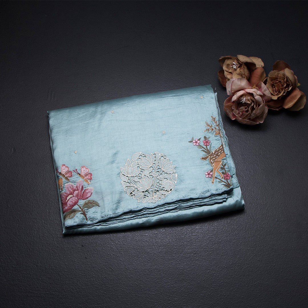Raw Silk Sky Blue Saree With Thread Buttas And Cut Work Border