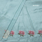 Raw Silk Sky Blue Saree With Thread Buttas And Cut Work Border