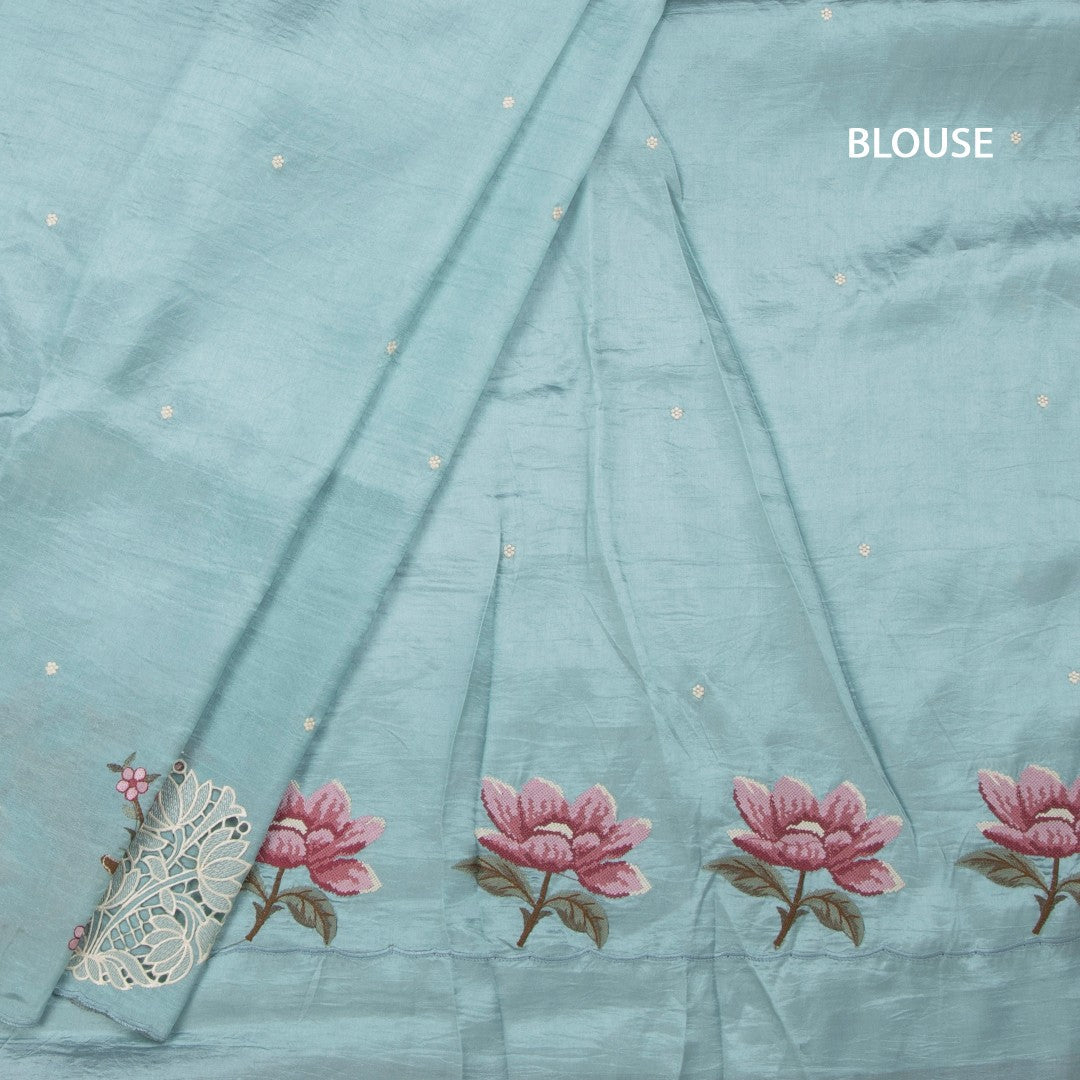 Raw Silk Sky Blue Saree With Thread Buttas And Cut Work Border