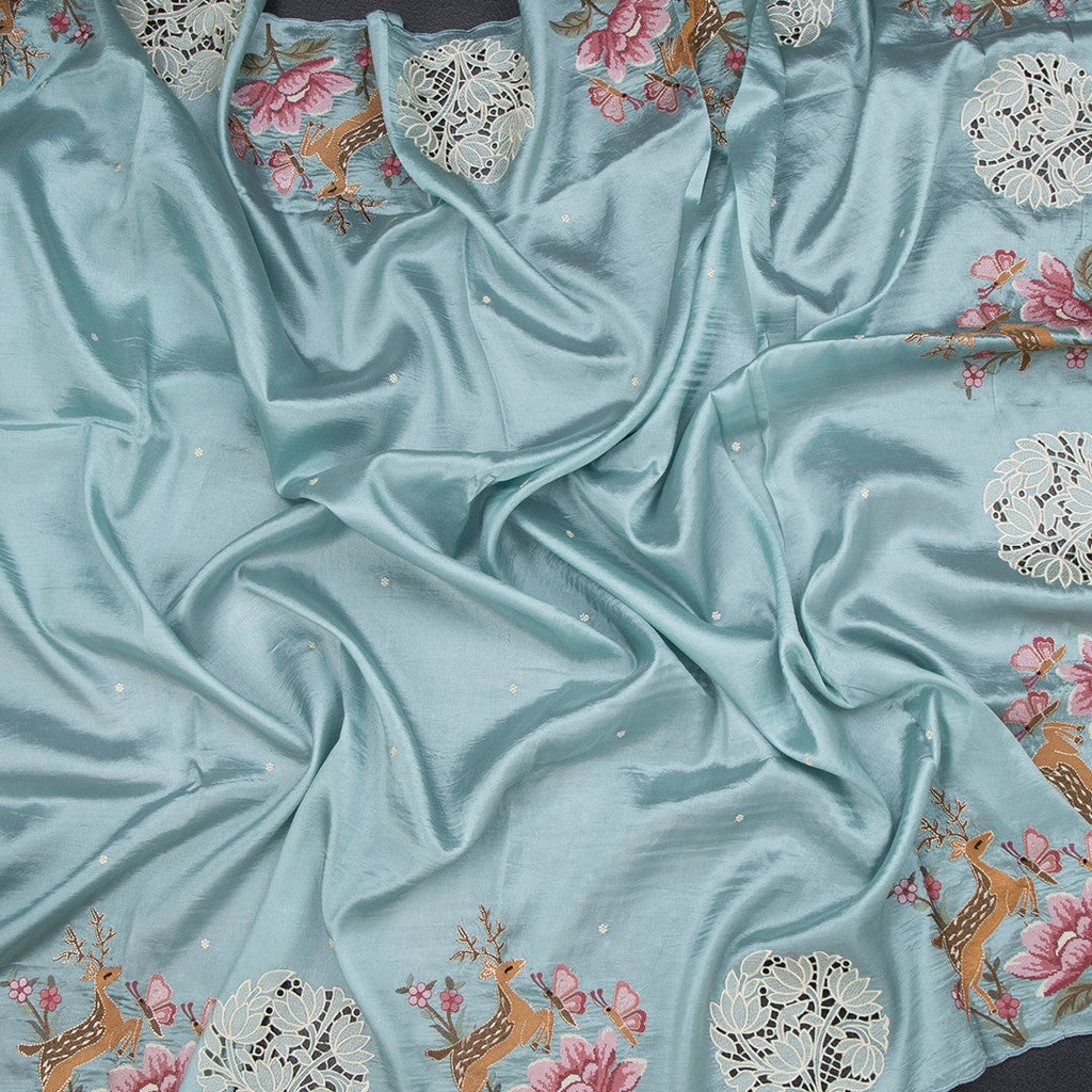Raw Silk Sky Blue Saree With Thread Buttas And Cut Work Border