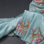 Raw Silk Sky Blue Saree With Thread Buttas And Cut Work Border