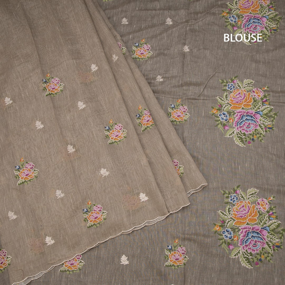 Linen Sage Green Borderless Thread Work Saree