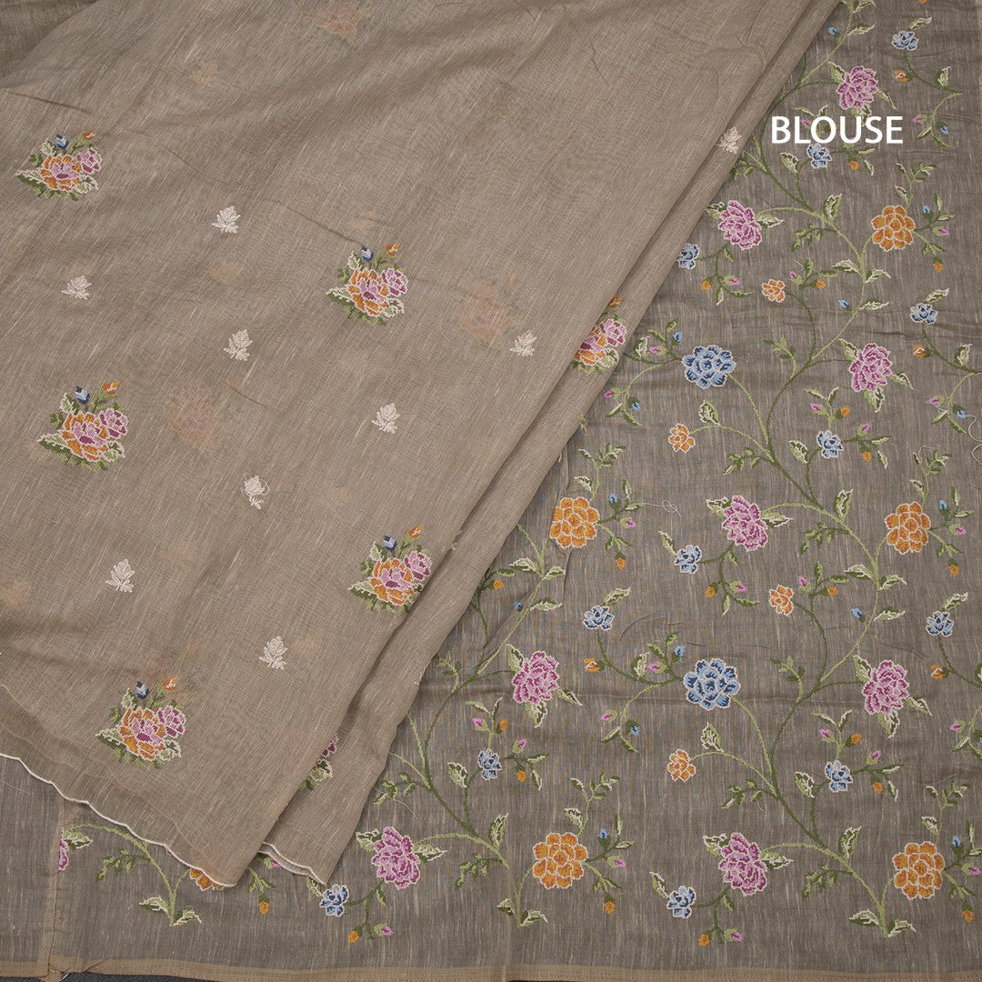 Linen Sage Green Borderless Thread Work Saree