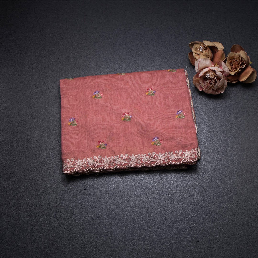 Linen Peach Saree With Floral Thread Buttas And Thread Border