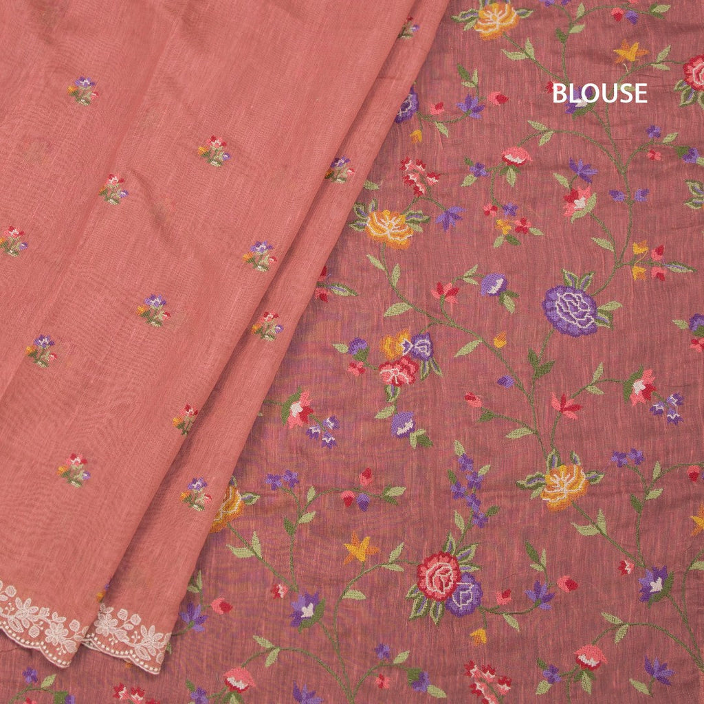 Linen Peach Saree With Floral Thread Buttas And Thread Border
