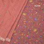 Linen Peach Saree With Floral Thread Buttas And Thread Border