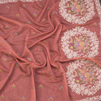 Linen Peach Saree With Floral Thread Buttas And Thread Border