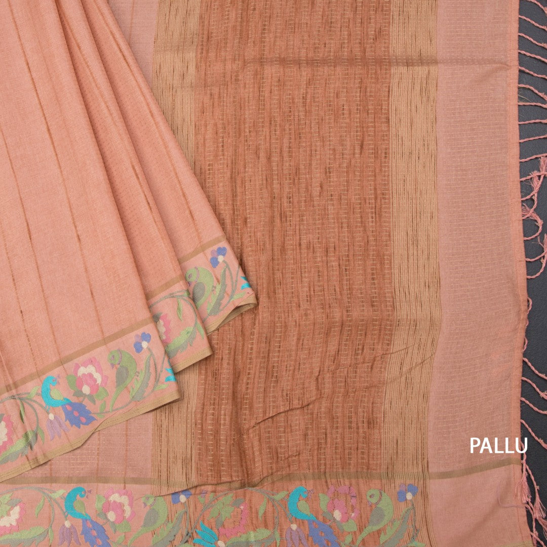 Raw Silk Peach Zari Stripes Saree And Thread Border